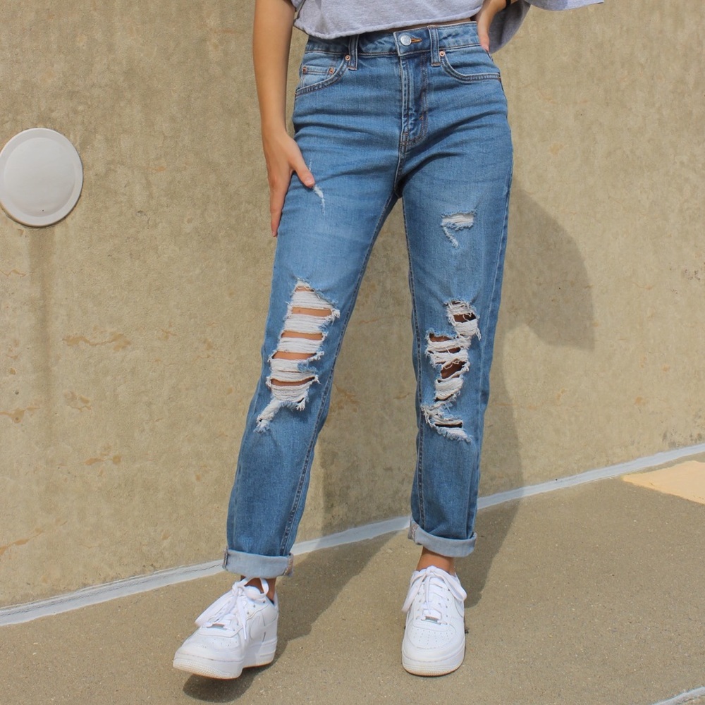 High rise straight leg distressed jeans